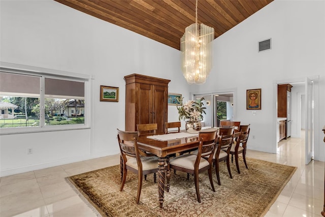 dining area featuring an inviting chandelier, light tile patterned floors, wooden ceiling, and high vaulted ceiling