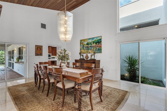 dining room with a notable chandelier, wood ceiling, and high vaulted ceiling