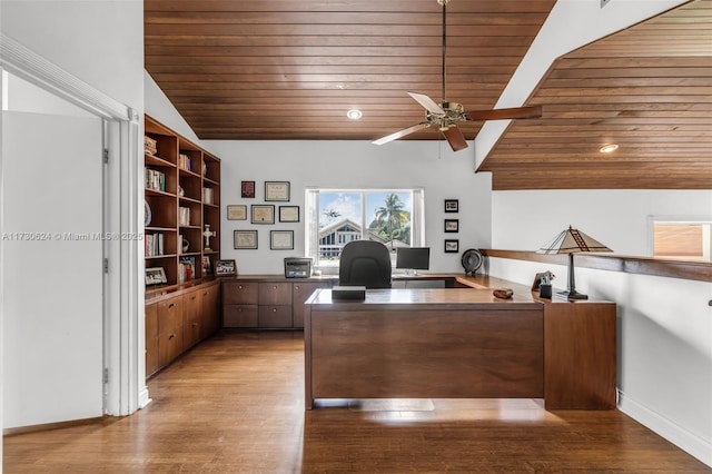 unfurnished office featuring wood ceiling, ceiling fan, lofted ceiling, and light wood-type flooring