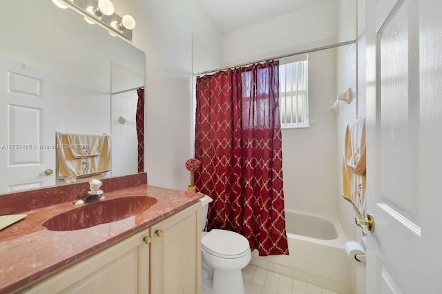 full bathroom with vanity, toilet, and shower / bathtub combination with curtain