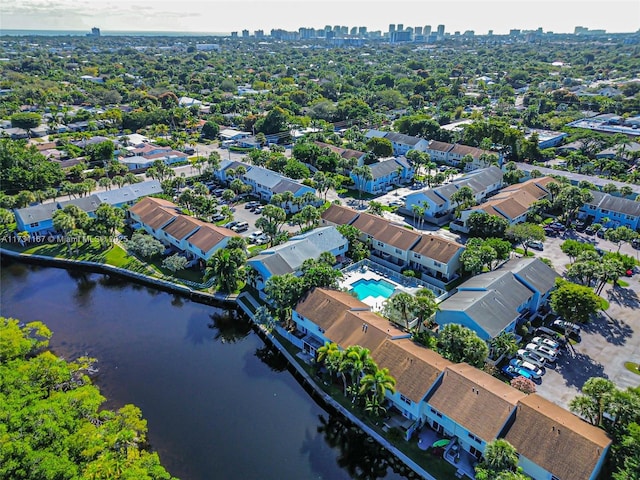 aerial view featuring a water view