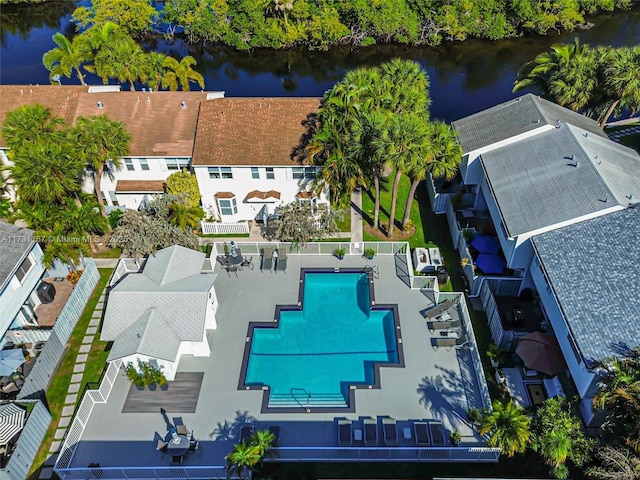 drone / aerial view with a water view