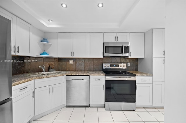 kitchen featuring sink, white cabinetry, appliances with stainless steel finishes, and decorative backsplash