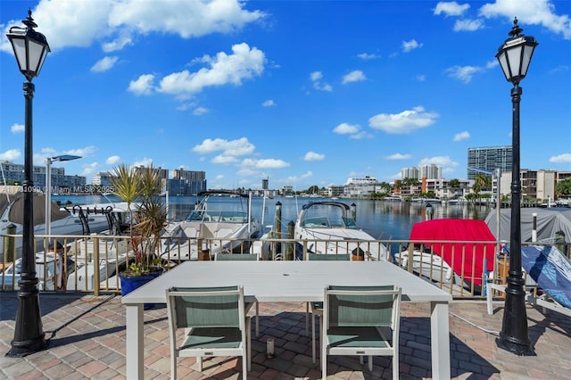 view of patio with a dock and a water view