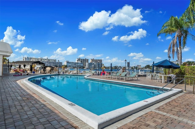 view of pool featuring a patio and a pergola