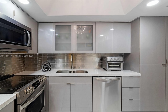 kitchen featuring tasteful backsplash, white cabinetry, appliances with stainless steel finishes, and sink