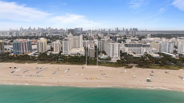 drone / aerial view with a water view and a view of the beach