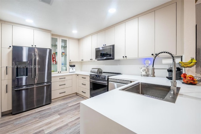 kitchen featuring sink, stainless steel appliances, white cabinets, and light hardwood / wood-style floors