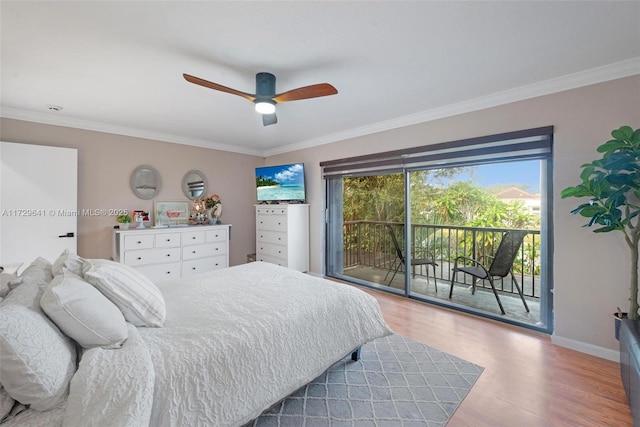 bedroom featuring hardwood / wood-style flooring, access to exterior, ceiling fan, and ornamental molding