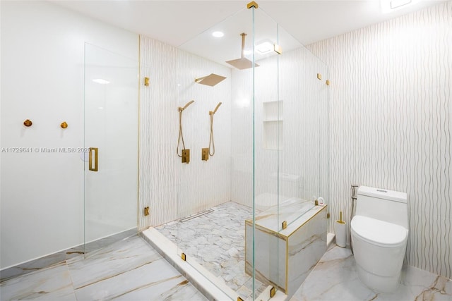 bathroom with toilet and walk in shower