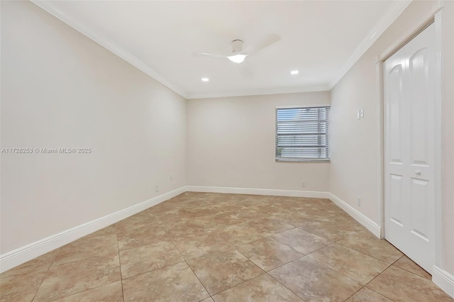 tiled spare room with crown molding and ceiling fan