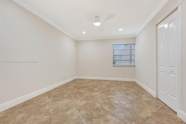 3100 Riverside Dr Unit 306, Coral Springs, FL 33065 - spare room featuring ornamental molding, baseboards, light tile patterned floors, and ceiling fan