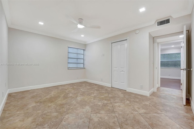 3100 Riverside Dr Unit 306, Coral Springs, FL 33065 - unfurnished bedroom featuring ornamental molding, a closet, a ceiling fan, baseboards, and recessed lighting