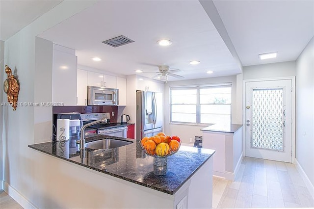 kitchen featuring appliances with stainless steel finishes, white cabinetry, sink, dark stone countertops, and kitchen peninsula