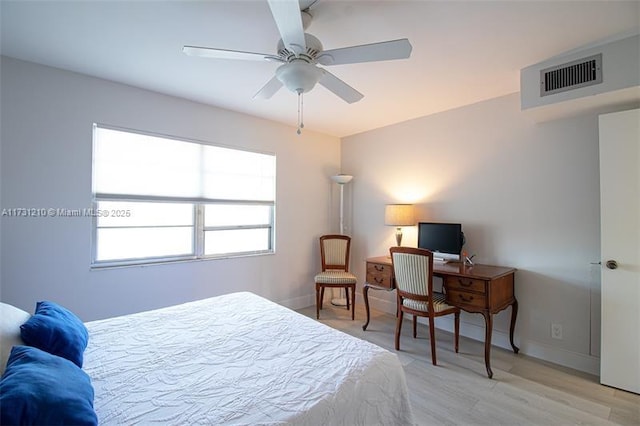 bedroom with ceiling fan and light hardwood / wood-style floors