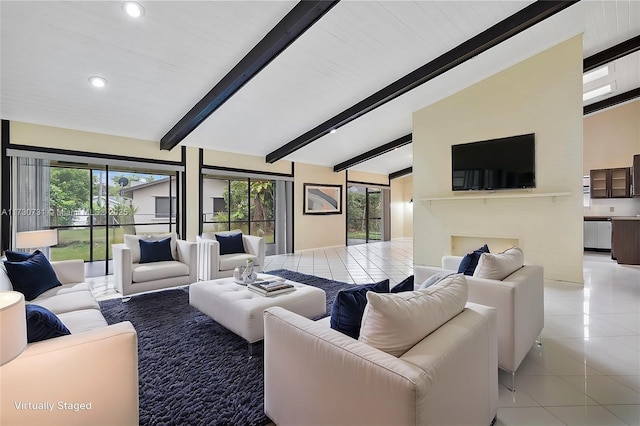 living room featuring light tile patterned floors and lofted ceiling with beams