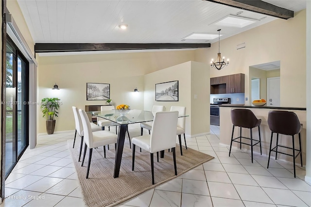 tiled dining room with wood ceiling, a chandelier, and lofted ceiling with beams