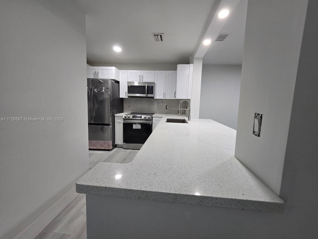 kitchen with sink, appliances with stainless steel finishes, tasteful backsplash, white cabinets, and kitchen peninsula