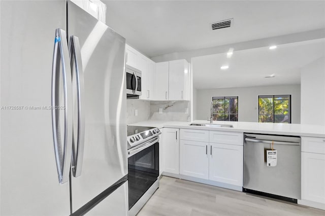 kitchen featuring white cabinetry, kitchen peninsula, sink, tasteful backsplash, and appliances with stainless steel finishes