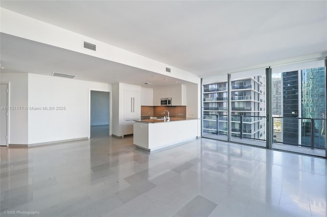 interior space with white cabinetry, sink, a wealth of natural light, and expansive windows