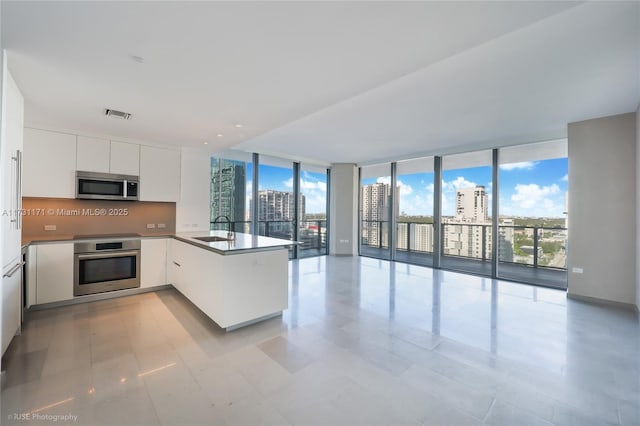 kitchen with sink, appliances with stainless steel finishes, kitchen peninsula, a wall of windows, and white cabinets