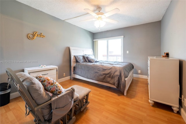 bedroom featuring ceiling fan, a textured ceiling, and light hardwood / wood-style flooring