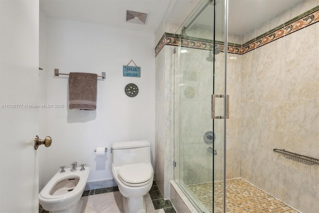 bathroom featuring a bidet, toilet, tile patterned flooring, and a shower with door