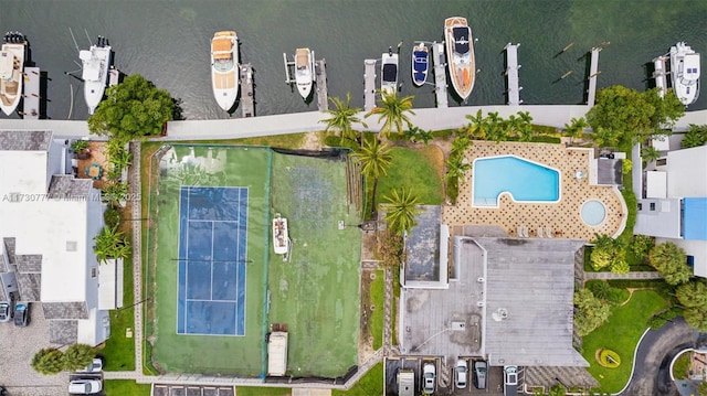 bird's eye view with a water view