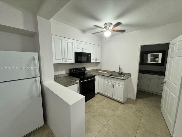 kitchen featuring sink, black appliances, light tile patterned floors, ceiling fan, and white cabinets