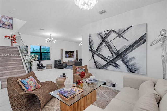 living room featuring a chandelier