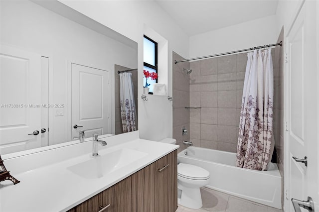 full bathroom with vanity, tile patterned floors, shower / bath combination with curtain, and toilet