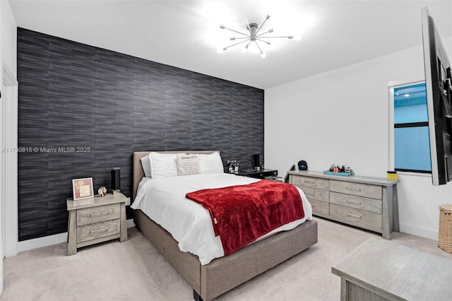 bedroom with light carpet, a chandelier, and tile walls