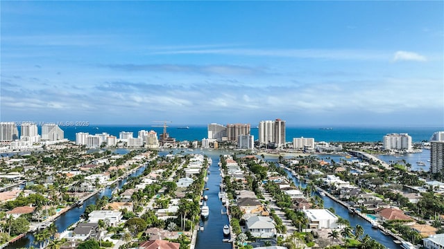 bird's eye view with a water view