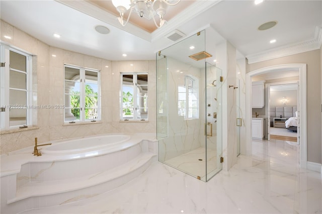 bathroom featuring shower with separate bathtub, a notable chandelier, and crown molding