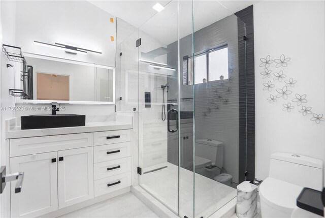 bathroom with vanity, an enclosed shower, and toilet