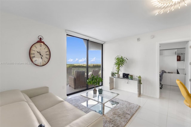 tiled living room featuring a wall of windows