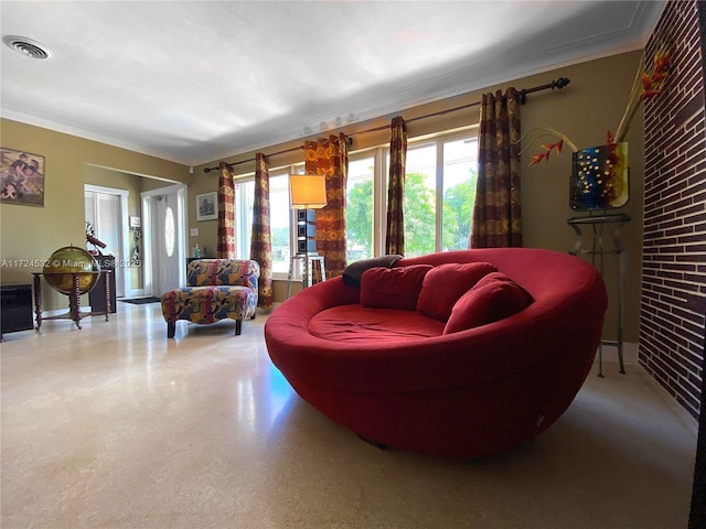 living room with crown molding