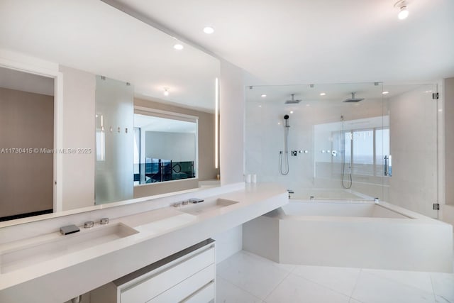 18555 Collins Ave Unit 4203, Sunny Isles Beach, FL 33160 - full bath with a stall shower, a bath, tile patterned flooring, double vanity, and recessed lighting