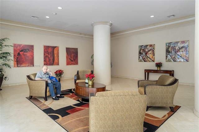 living room featuring ornate columns, ornamental molding, and light tile patterned flooring