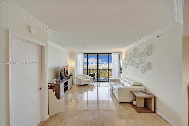 living room with ornamental molding and expansive windows