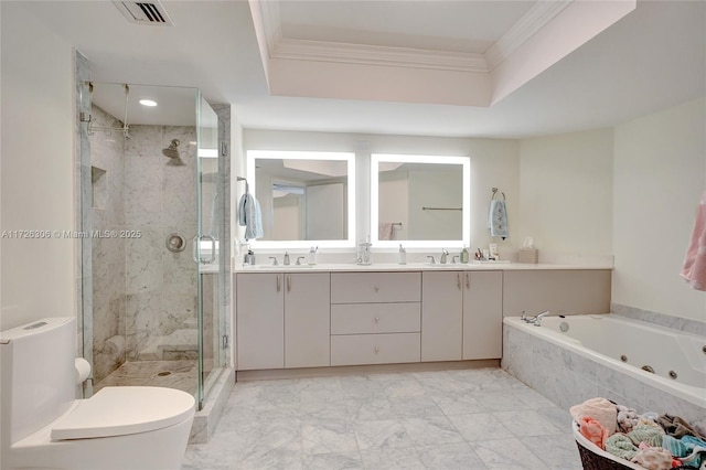 3600 Yatch Club Dr Unit 1701, Aventura, FL 33180 - full bathroom with a tray ceiling, independent shower and bath, vanity, toilet, and crown molding
