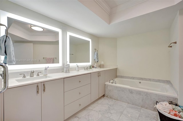 3600 Yatch Club Dr Unit 1701, Aventura, FL 33180 - bathroom with ornamental molding, a tray ceiling, and vanity