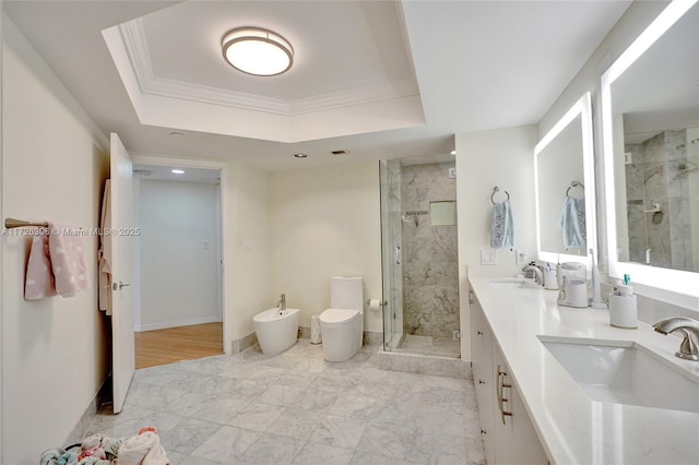 bathroom featuring a raised ceiling, a bidet, ornamental molding, and an enclosed shower