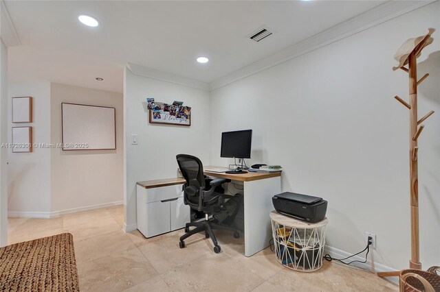 office area with ornamental molding