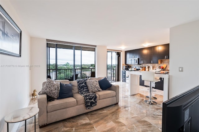 living room featuring a wall of windows