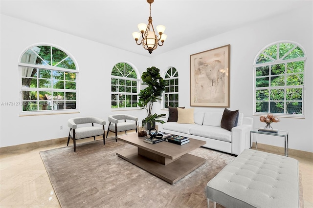 living room featuring a chandelier