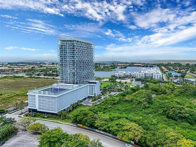 aerial view featuring a water view