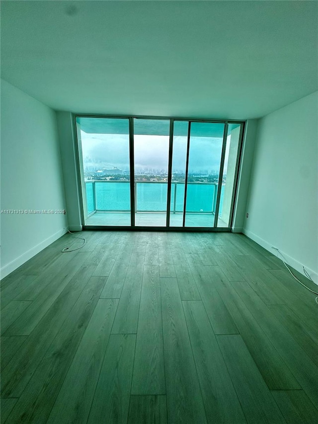 spare room with expansive windows, a water view, and light wood-type flooring