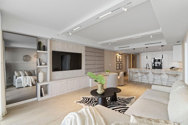 living room featuring built in shelves, sink, and light wood-type flooring