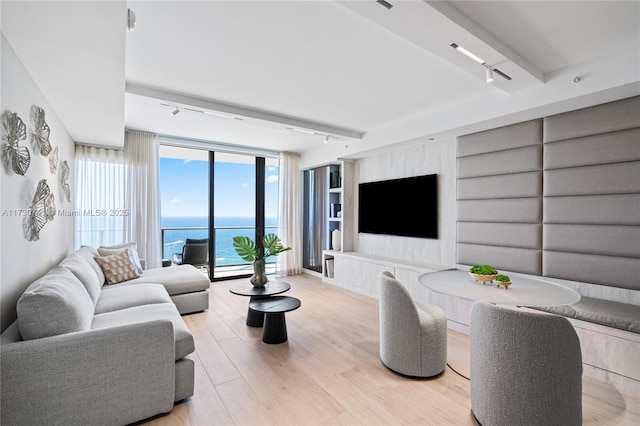 living room with built in features, a wall of windows, track lighting, and wood finished floors